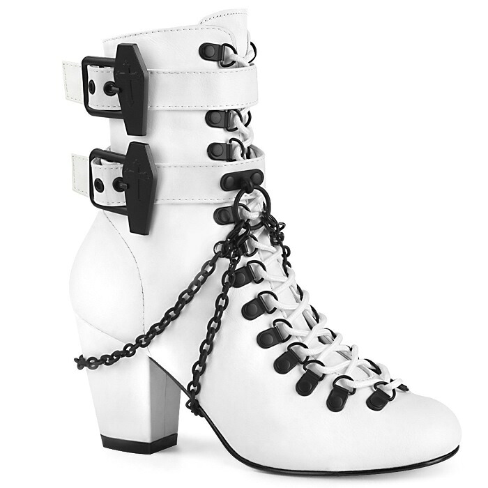 demonia デモニア ショートブーツ 7.5cm ヒール 白 ホワイト チェーン バックル ストラップ 編み上げ ジッパー 小さいサイズ 大きいサイズ アンクルブーツ ロック パンク V系 原宿系 ファッション コスプレ 衣装 靴 レディース メンズ VIVIKA-128 VIK128/WVL 取寄|ハイヒール厚底靴のディンプルズ