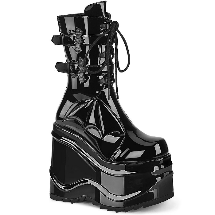 demonia デモニア 厚底 ブーツ ミドルブーツ ショートブーツ 厚底 ウェッジソール 15cm ヒール 15cmヒール 黒 ブラック エナメル バット バックル レースアップ 小さいサイズ 大きいサイズ 厚底靴 ロック ゴシック ゴスロリ レディース メンズ WAVE-150 WAVE150/B 取寄｜ハイヒール厚底靴のディンプルズ 15,449円
