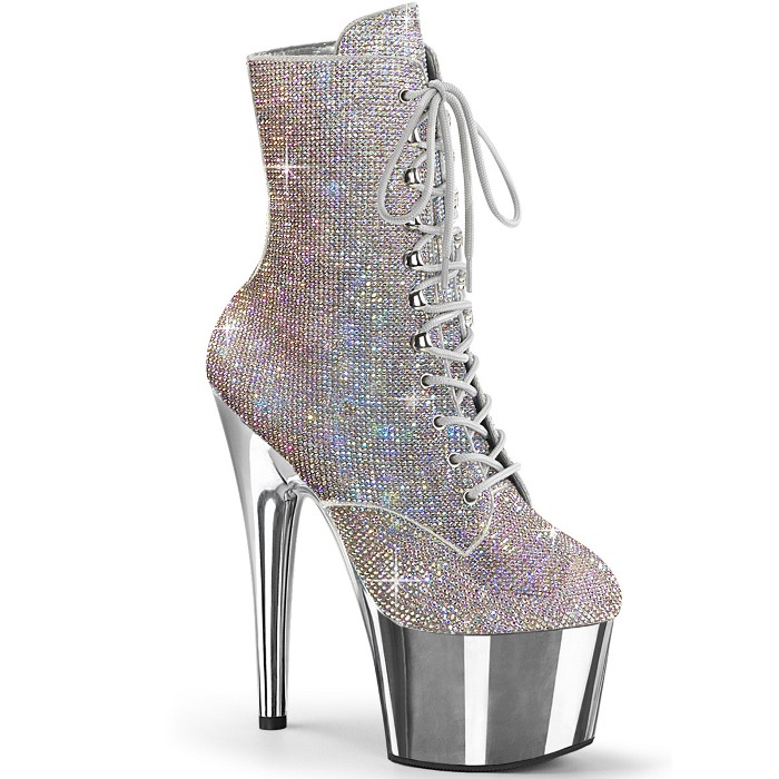 Pleaser プリーザー ショートブーツ レディース メンズ 厚底 18cm ヒール 銀 シルバー マルチカラー ポールダンス ラインストーン レースアップ メタリック 大きいサイズ あり 22cm 23cm 24cm 25cm 26cm 27cm 28cm 29cm 30cm ADORE-1020CHRS ADO1020CHRS/SMC/SCH 取寄