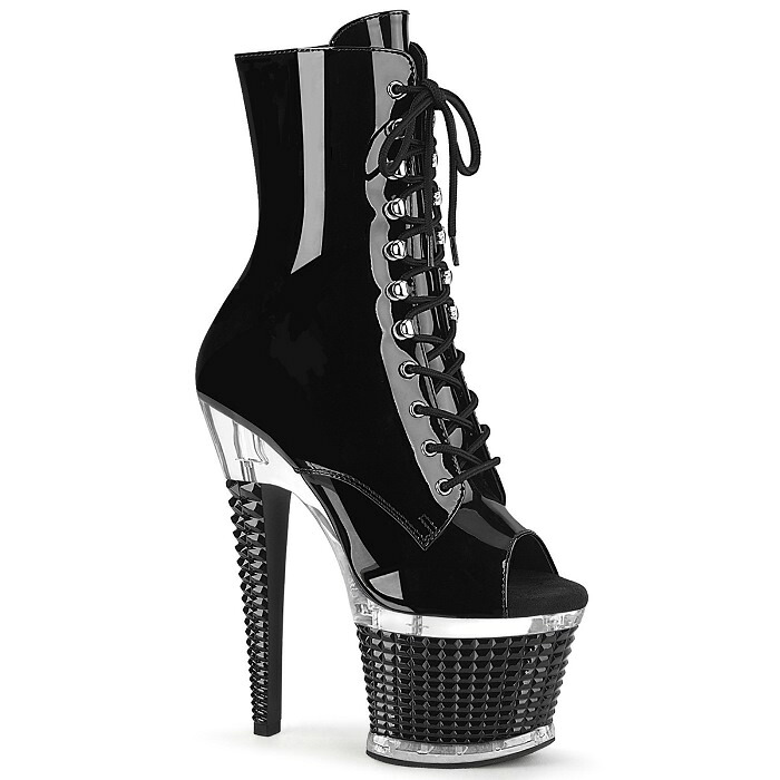Pleaser プリーザー ショートブーツ 厚底 黒 ブラック エナメル 18cm ヒール レディース メンズ ピンヒール ハイヒール 大きいサイズ 小さいサイズ オープントゥ 編み上げ ジッパー 衣装 靴 23cm 24cm 25cm 26cm 18センチ ヒール 高め SPECTATOR-1021 SPEC1021/B/C-B 取寄｜ハイヒール厚底靴のディンプルズ