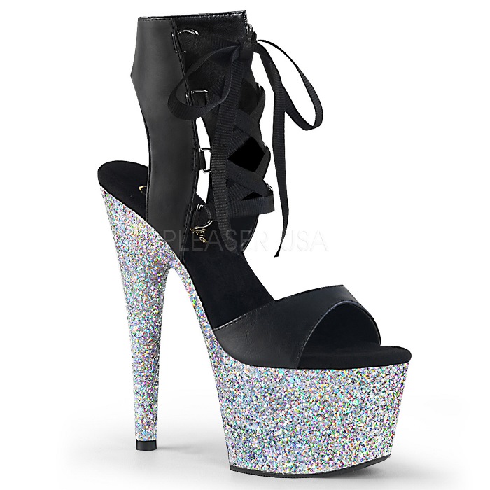 Pleaser プリーザー サンダル 厚底 18cm ヒール 黒 ブラック 銀 シルバー グリッター ラメ 合皮 フェイクレザー レースアップ オープントゥ 大きいサイズ 小さいサイズ ハイヒール 靴 レディース メンズ ADORE-700-14LG ADO700-14LG/BPU/SG 取寄
