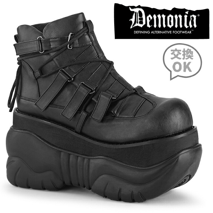 超人気の 楽天市場 Demonia デモニア ブーティ 厚底 ラバーソール 10 Cm センチ ヒール 黒 ブラック フェイクレザー サイドストラップ 厚底靴 ハイカット スニーカー 大きいサイズ パンク ゴシック コスプレ ファッション コーデ 靴 レディース メンズ ユニセックス