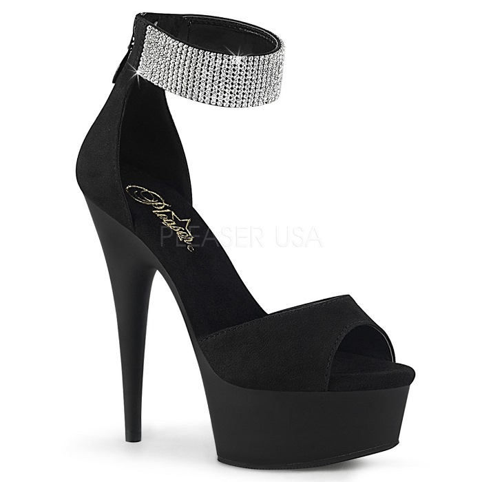 Pleaser プリーザー サンダル 15cm ヒール 黒 ブラック ヒール サンダル 厚底 アンクルカフ バック ジッパー ゴージャス ラインストーン アンクル ストラップ ピンヒール ハイヒール オープントゥ 大きいサイズ 靴 DELIGHT-625 DEL625/BFS/M 取寄|ハイヒール厚底靴のディンプルズ