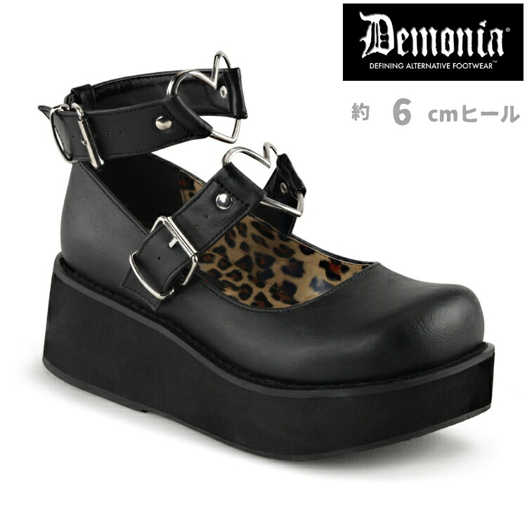 demonia デモニア パンプス 厚底 ラバーソール 6cm ヒール 黒 ブラック 合皮 中敷がアニマル柄 ハート メタルリング ストラップ 小さいサイズ 大きいサイズ 厚底靴 パンク V系 ゴスロリ 原宿系 ファッション 靴 レディース メンズSPRITE-02 SPR02/BVL 取寄|ハイヒール厚底靴のディンプルズ