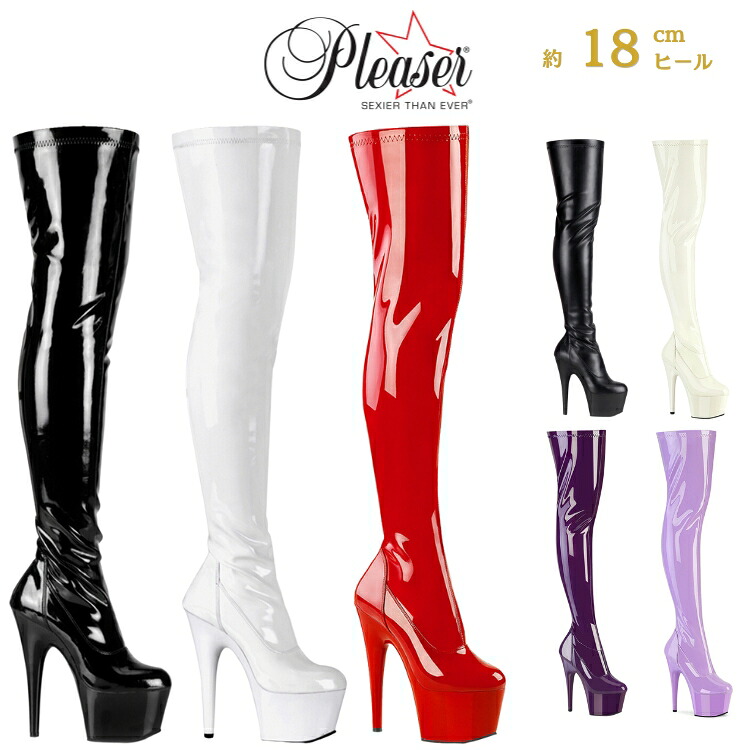 Pleaser プリーザー ニーハイブーツ サイハイブーツ 黒 ブラック 白 ホワイト 赤 レッド 紫色 エナメル ブーツ 厚底 つや消し合皮 18cm ヒール ピンヒール ポールダンス コスプレ 用 ハイヒール 大きいサイズ ストレッチ 18センチ ヒール 靴 ADORE-3000 即納 取寄 公式｜ハイヒール厚底靴のディンプルズ