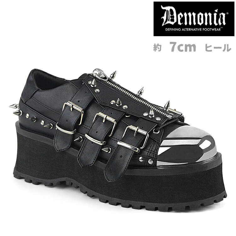 厚底 スニーカー メンズ demonia デモニア 7cm ヒール 厚底 シューズ 黒 ブラック つや消し シルバー メタル クロム つま先 大きいサイズ 編み上げ トゲトゲ スタッズ バックル ベルト ジッパー パンク ゴスロリ 韓国 ストリート 靴 GRAVEDIGGER-03 GRAD03/BVL 取寄