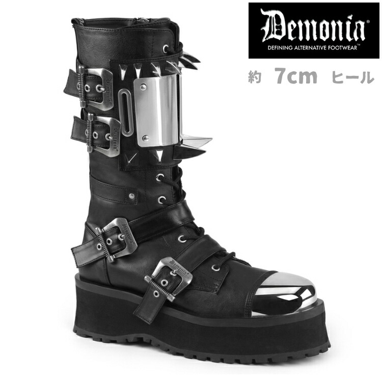 demonia デモニア 厚底 ブーツ ミドルブーツ ショートブーツ 7cm ヒール メンズ 男女兼用 黒 ブラック メタル ベルト メッキメタル ジッパー トゲトゲ 編み上げ 大きいサイズ サイバー パンク V系 ゴシック ファッション 靴 メンズ GRAVEDIGGER-250 GRAD250/BVL 取寄｜ハイヒール厚底靴のディンプルズ