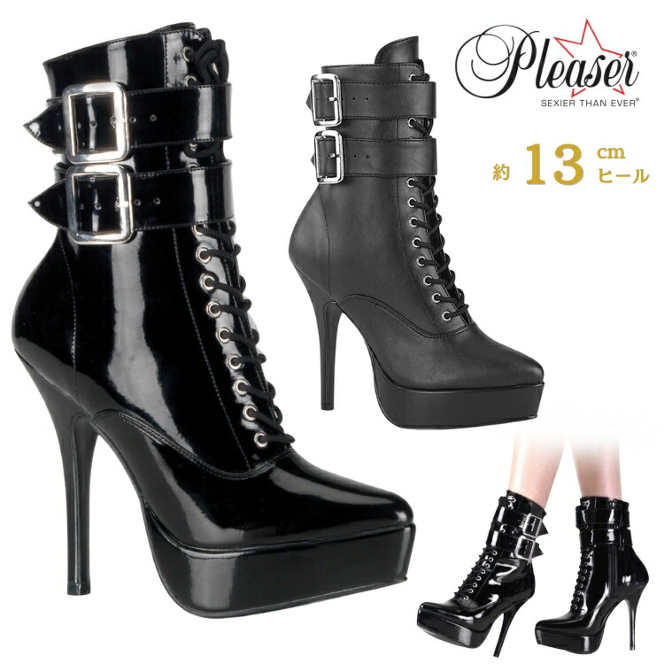 Pleaser プリーザー ショートブーツ レディース メンズ 13cm ヒール ピンヒール 厚底 黒 ブラック エナメル つや消し 編み上げ ベルト サイドジッパー 大きいサイズ 22.5 23 23.5 24 24.5 25 25.5 26 26.5 27 27.5 28 28.5 29 29.5 30 cm センチ INDULGE-1026 即納 取寄 公式|ハイヒール厚底靴のディンプルズ