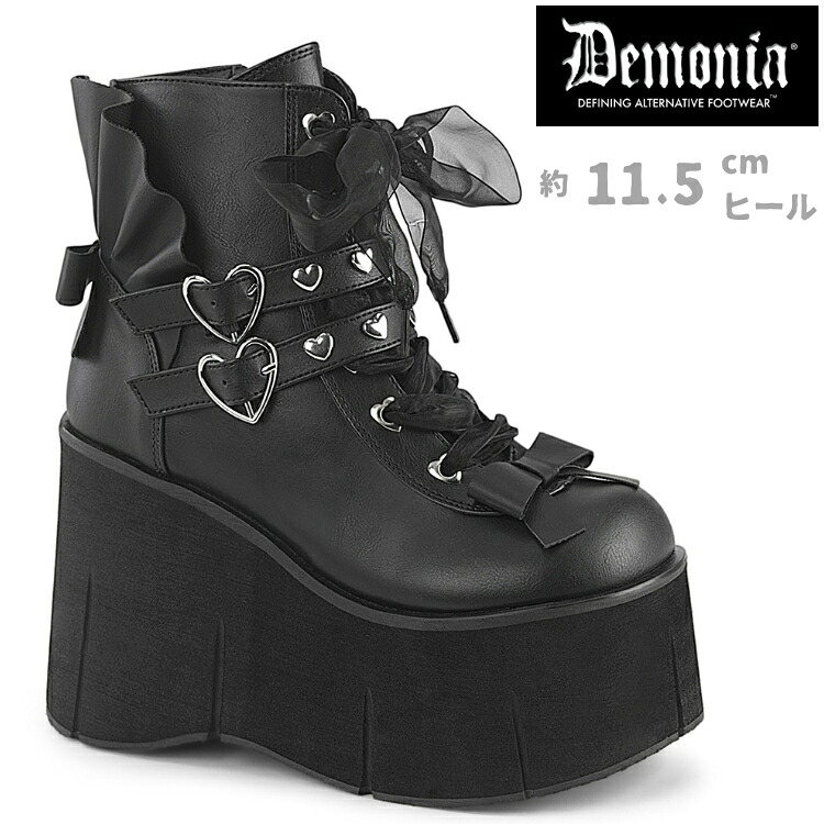 demonia デモニア 厚底 ブーツ ショートブーツ 厚底 ウェッジソール 11cm 12cm ヒール 黒 ブラック つや消し 合皮 ハート スタッズ リボン ジッパー 小さいサイズ 大きいサイズ ロック パンク V系 ゴスロリ 系 靴 レディース メンズ KERA-55 KERA55/BVL 取寄 公式｜ハイヒール厚底靴のディンプルズ
