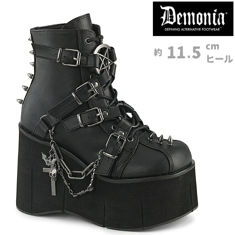 demonia デモニア 厚底 ブーツ ショートブーツ 厚底 ウェッジソール 11cm 12cm ヒール 黒 ブラック つや消し 合皮 チャーム チェーン スタッズ 編み上げ レースアップ 小さいサイズ 大きいサイズ ロック パンク V系 靴 レディース メンズ 兼用 KERA-68 KERA68/BVL 取寄 公式｜ハイヒール厚底靴のディンプルズ