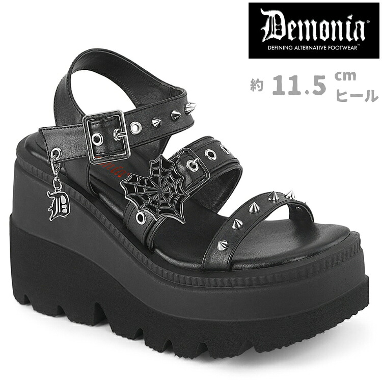 demonia デモニア サンダル 厚底 11cm 12cm ヒール プラットフォームサンダル 黒 ブラック つや消し 合皮 大きいサイズ ストラップ ベルト 厚底靴 パンク ロック ライブ 用 ゴスロリ コスプレ 衣装 シューズ 靴 レディース メンズ 兼用 SHAKER-13 SHA13/BVL 取寄 公式