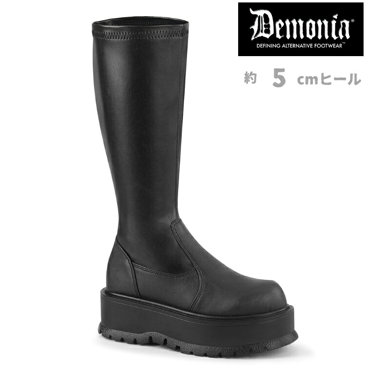 demonia デモニア 厚底 ブーツ ロング ロングブーツ 厚底ブーツ ラバーソール 5cm ヒール 黒 ブラック 合皮 フェイクレザー ジッパー 大きいサイズ 厚底靴 ニーブーツ V系 ゴシック ファッション 衣装 コーデ 靴 レディース メンズ SLACKER-200 SLK200/BVL 取寄 公式|ハイヒール厚底靴のディンプルズ