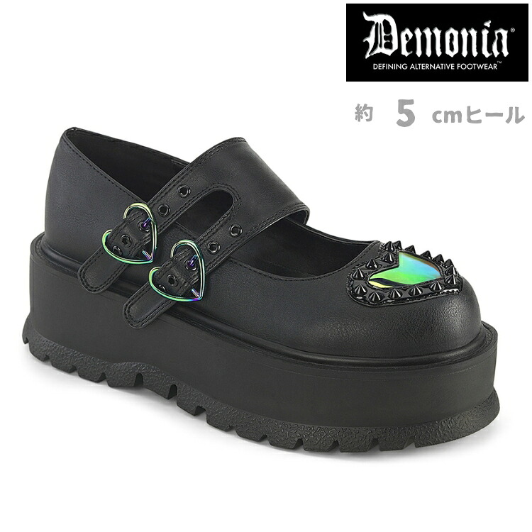 demonia デモニア パンプス 厚底 ラバーソール 5cm ヒール 黒 ブラック ストラップ バックル ベルト スタッズ ハート 厚底靴 大きいサイズ ゴスロリ ロック パンク 原宿系 ファッション コスプレ 用 靴 衣装 レディース メンズ SLACKER-25 SLK25/BVL 取寄 公式|ハイヒール厚底靴のディンプルズ