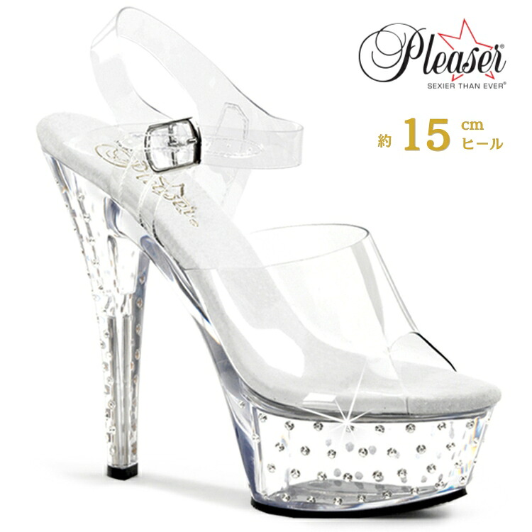 Pleaser プリーザー ヒール サンダル 厚底 15cm ヒール 透明 クリア ハイヒール クリアヒール 大きいサイズ 小さいサイズ ピンヒール オープントゥ アンクルストラップ ベルト ポールダンス レディース メンズ 15センチ ヒール STARDUST-608 STDUS608/C/M 取寄 公式｜ハイヒール厚底靴のディンプルズ