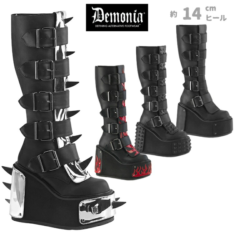 demonia デモニア 厚底 ブーツ ロング ロングブーツ 厚底ブーツ ウェッジソール 14cm ヒール 黒 つや消し 合皮 交換可能 4種類のパネル付 着せ替え ブーツ 大きいサイズ コスプレ サイバー パンク ロック 系 靴 レディース メンズ TRANSFORMER-800 TRA800/BVL 取寄 公式