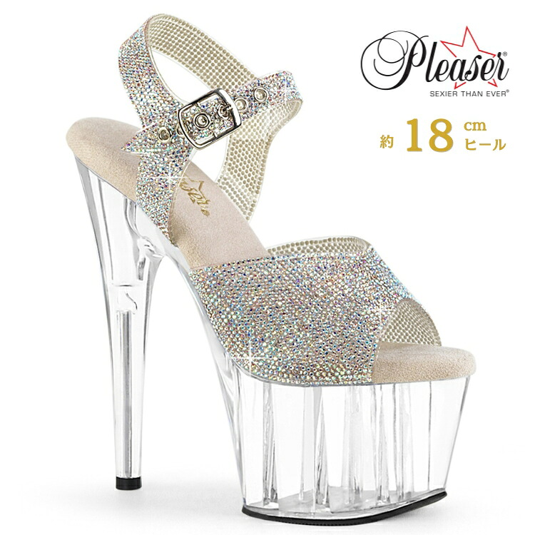 Pleaser プリーザー クリアヒール 18cm サンダル 厚底 ポールダンス 用 ヒール キャバ サンダル 大きいサイズ 対応 クリア シルバー オーロラ ラインストーン レディース メンズ 女性 男性 18センチ ハイヒール ピンヒール 靴 ADORE-708N-RS ADO708N-RS/SRS-TPU/C 取寄