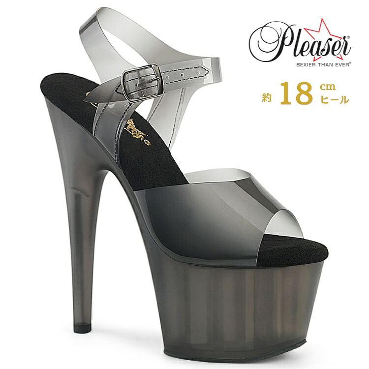 Pleaser プリーザー ヒール 18cm サンダル 厚底 ポールダンス 用 ヒール キャバ サンダル 大きいサイズ 対応 スモークカラー 黒 ブラック レディース メンズ 女性 男性 18センチ ヒール ストラップ ハイヒール ピンヒール 靴 シューズ ADORE-708N-T ADO708N-T/BTPU/SMKT 取寄