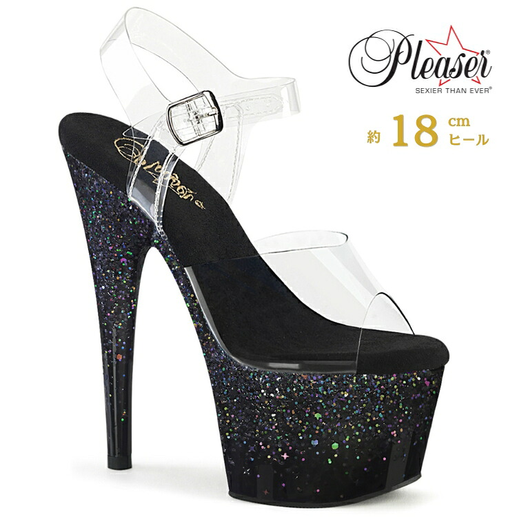 Pleaser プリーザー ヒール 18cm サンダル 厚底 ポールダンス 用 ヒール キャバ サンダル 大きいサイズ 対応 クリア 黒 ブラック マルチカラー グリッター レディース メンズ 女性 男性 18センチ ハイヒール ピンヒール 靴 シューズ ADORE-708SS ADO708SS/C/BG 取寄｜ハイヒール厚底靴のディンプルズ