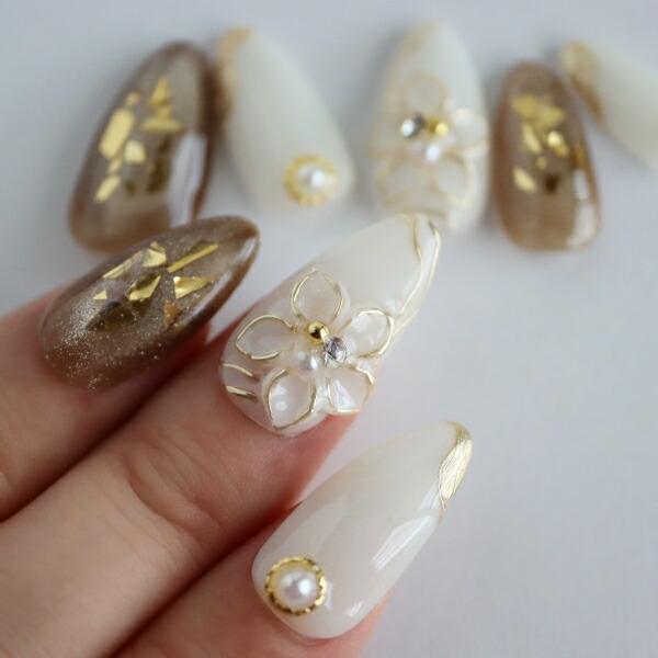 ネイルチップオーダー べっ甲サンド砂ブラウンニュアンス左右非対称ゴールドショート ネイルチップオーダー べっ甲サンド砂ブラウンニュアンス左右