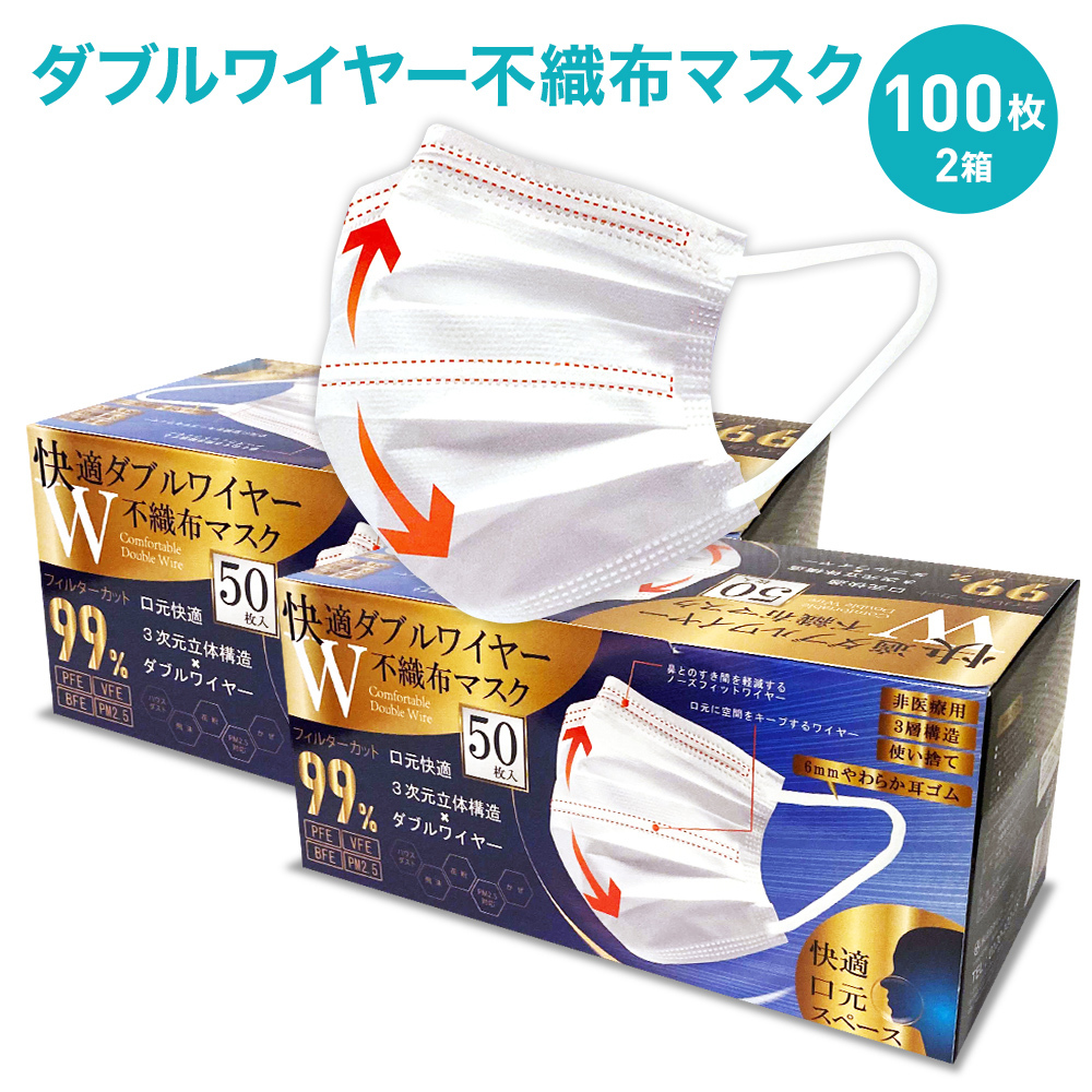 快適 ダブルワイヤー 不織布 マスク 100枚 ( 2箱セット ) ふつうサイズ | 息がしやすい 耳が痛くなりにくい 男性 女性 大人 3層構造 99％カット Wワイヤー 使い捨て 口元快適 ウイルス 飛沫 花粉 ハウスダスト PM2.5 かぜ
