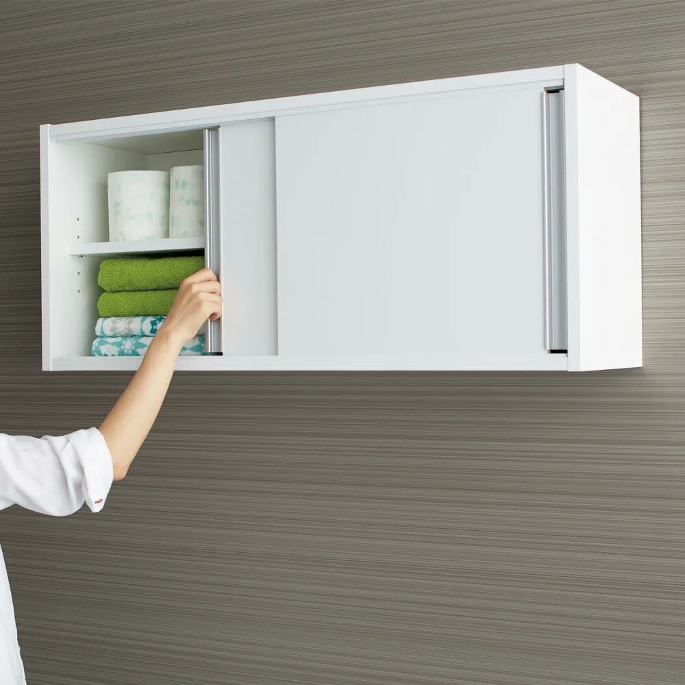 【最大7000円OFFクーポン 4月20日迄】 光沢仕上げ吊り戸棚 横型引き戸タイプ 幅90cm高さ40cm 新生活 薄型 ランドリーラック スリム 省スペース 洗面所収納 隙間収納 トイレ 洗面所 ランドリー収納 631205 ＼LINE友だち登録でクーポン／