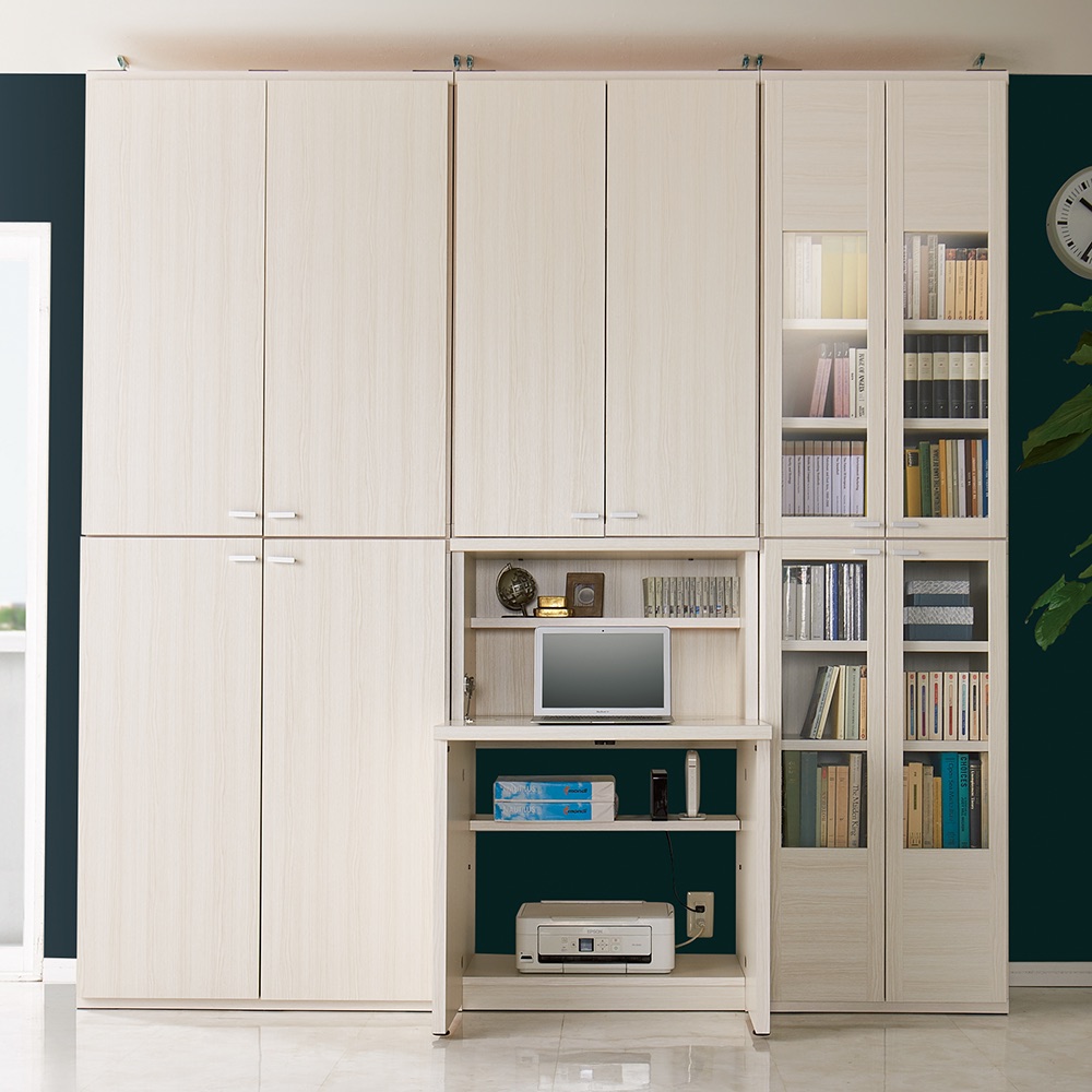 【最大8000円OFFクーポン 4月10日迄】 ≪ガラス扉 幅60cm×2台≫重厚感のあるがっちり本棚 ガラス扉上下セット高さ228cm＋天井突っ張り金具 突っ張り収納 ラック 本棚 シェルフ 643924 ＼LINE友だち登録でクーポン／