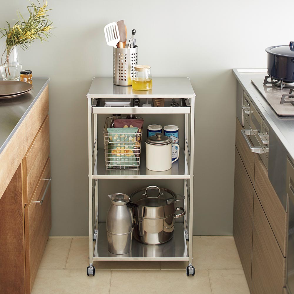 【値下不可】無印良品　ステンレスユニットシェルフ　キッチンワゴン　キッチンラック 無印良品(MUJI)の人気のステンレスユニットシェルフ ワゴンセットです