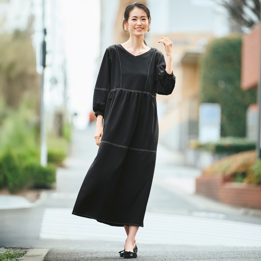 ステッチ使い ストレッチワンピース ジャージーワンピース ワンピース A37102 \LINE友だち登録でクーポン/|ディノス店