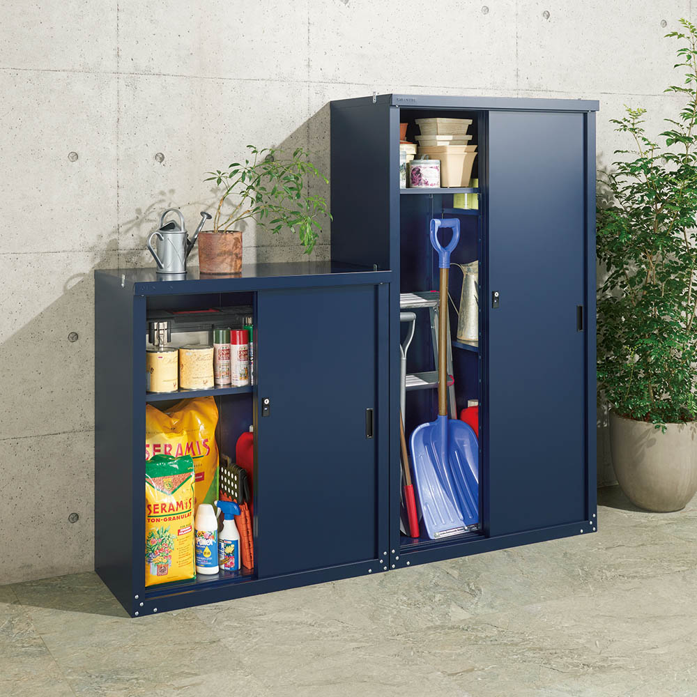 楽天市場 ガーデニング フラワー ガーデニング用品 エクステリア 収納庫 物置 オールネイビー引き戸物置 ライト付き レギュラーハイタイプ G ディノス家具 楽天市場店