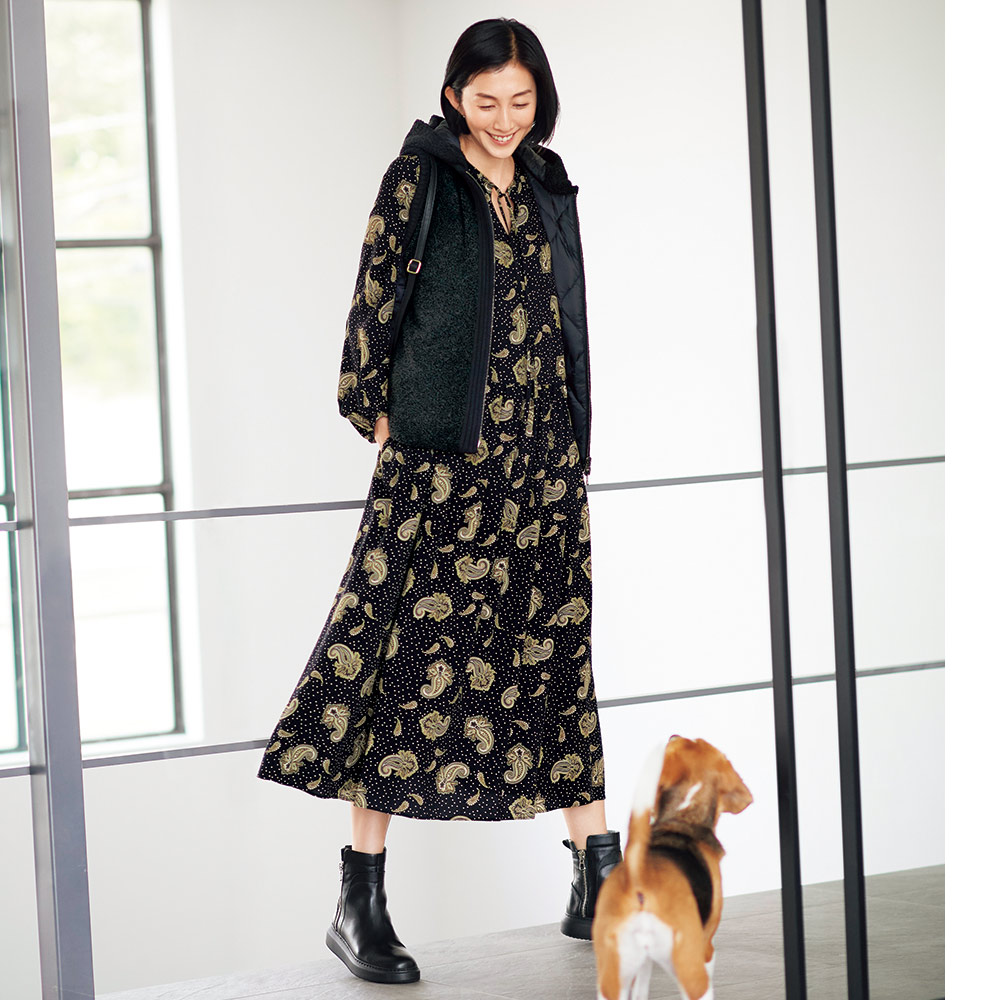 ファッション ワンピース チュニック マキシワンピース ロングワンピース イタリア素材 ペイズリードット柄ワンピース Ice Org Br