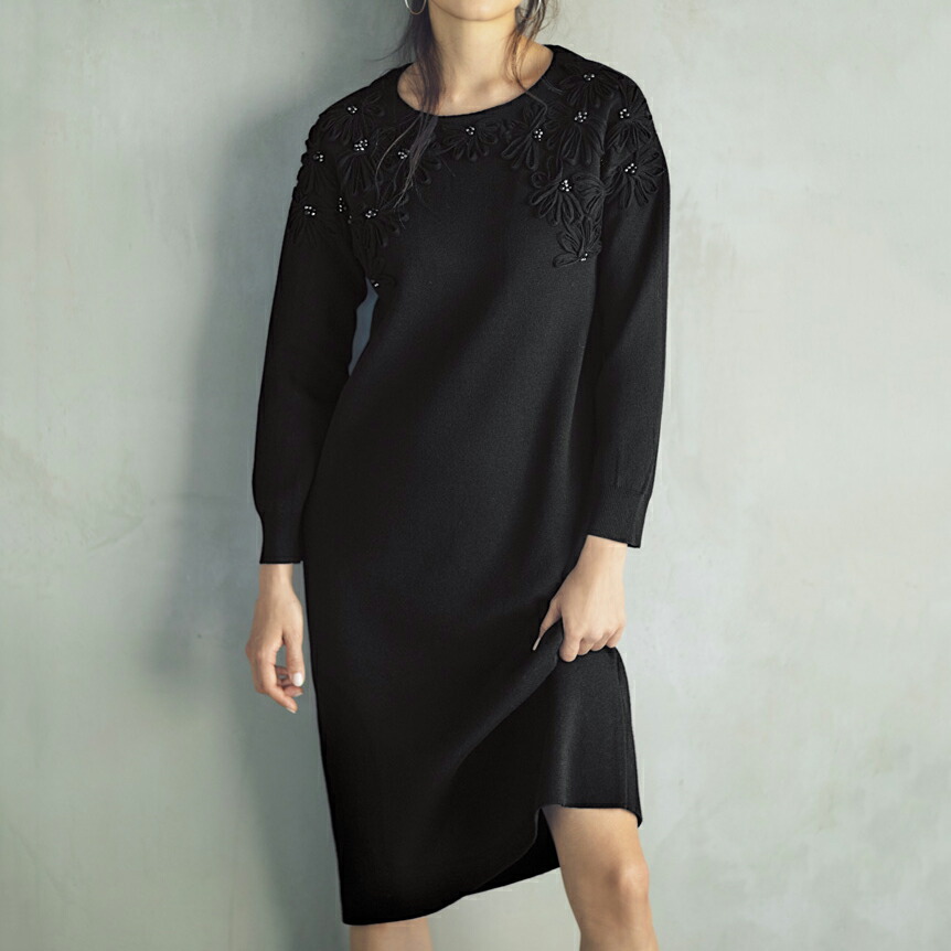 モード ドレス 上着 編物ワンピース カセット華エンブロイダリー内入り ニットワンピース Pc2258 M Haitiopen Com