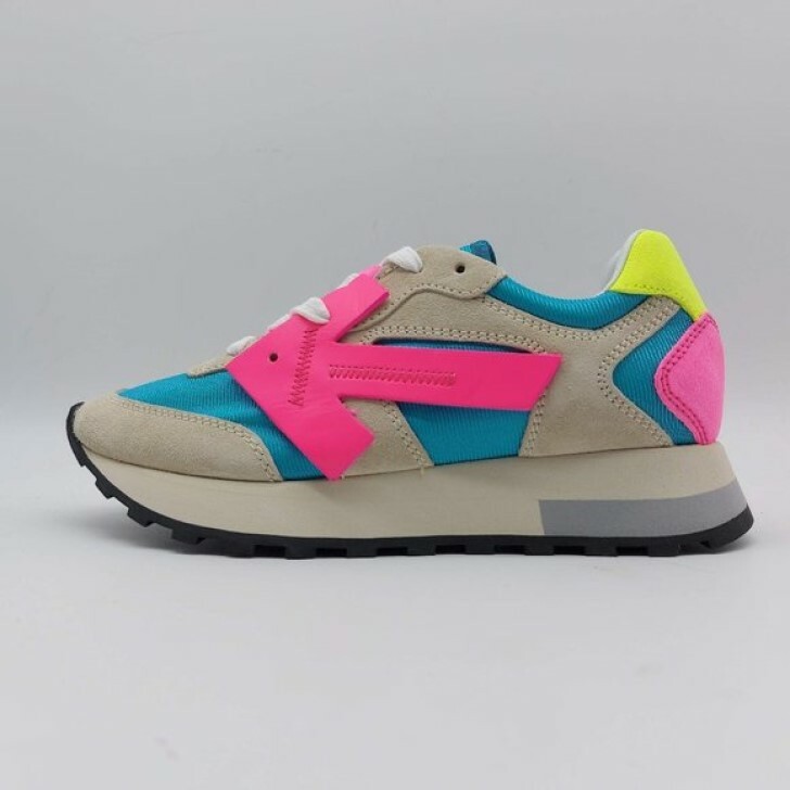 Off White 象牙色 ヴァージル アブロー レディース 箭 置き目いの一番 ナイロンとなめし革 スニーカー サクラ色・青碧  Virgil Abloh Women\u0027s Arrow Low Top Nylon and Leather Sneakers Pink/Blue