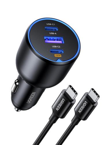 UGREEN 130W シガーソケット usb-c カーチャージャー 3ポートPD 100W/30W+SCP 22.5WPD3.0/QC4.0/PPS対応 100w 充電器 しがーソケット usb 急速充電器 iphone17/15/14/13, Galaxy, iPad, MacBook,ラップトップなどに対応-100W USB C-USB C 充電ケーブル付き