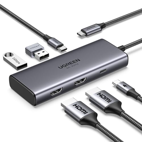 UGREEN Revodok 206 6 インチ 1 USB Cこしき 2*HDMI最終生産物 縛ステイション 4K@60サイクル むき出し最終生産物8K@30サイクル 100W PD手っとり早い申し受ける 5Gbps弾丸道路資料遷らす MacBook M1/M2, XPS, ThinkPad, iPad Pro/Airに相応う USB C 界面はさし画最終生産物をサポー