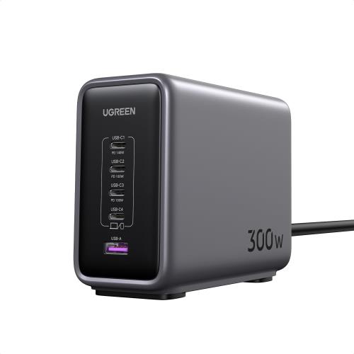 UGREEN Nexode 300W 申し受ける器 PD3.1相応う 5界面等しく手っとり早い申し受ける 4 USB-C\u00261 USB-A 縦式省間隔文字 ダブルGaNFastIII(窒化ガリウム) むき出し界面140W常時相応う マイコンに手っとり早い申し受ける相応う MacBook Pro14/16/PD相応うMacbook M4/iPad/iphone 17/