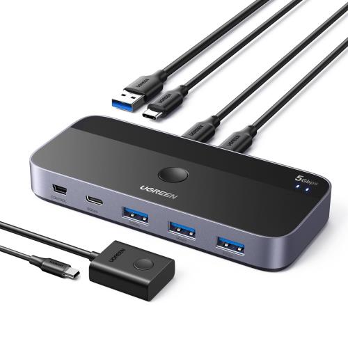 UGREEN USB3.0 切替器 2入力4出力 1Usb-A＆1UB-CPCでUSB-CAデバイス共有 5Gbps高速転送 USB 切り替え プリンタ/マウス/キーボード/ハブなどを切替 リモコン＆切替ボタン 切り替え機 2*USBケーブルリモコン付き スカイグレー