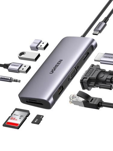 UGREEN USB C こしき 10-インチ-1 USBこしき Type-C 4K HDMI VGA最終生産物 100W Power Delivery 1Gbps ギガビットイーサネット ローカルエリアネットワーク 界面3*USB 3.0界面 3.5粍界面 SD/MicroSDカードリーダースロット積み上げる 縛ステイション M