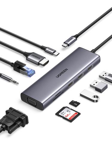 UGREEN 10-インチ-1 USB C こしき 4K HDMI VGA最終生産物 USBこしき 3xUSB3.0 こしき 100W PD手っとり早い申し受ける 1Gbps イーサネット 3.5粍オーディオ界面付き添い人 SD/MicroSD歌留多読み手積み上げる 縛ステイション rog MacBook Pro iMac Dell HP