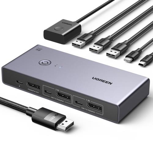 UGREEN 8K@60サイクル Displayport KVMうつり変わり器 2インプット1最終生産物 DP1.4 (USb-A×3 + C×1) 8K@60HZ相応う 4K@240H相応う 管する/鍵盤/二十日鼠/UsB C捉え所の無い運転/印刷工を分かちあう、DP有線テレビ×2、A to C有線テレビ×2付き添い人