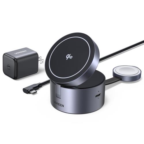 UGREEN 3インチ1 無線電話申し受ける器 Magsafe相応う MFi・Qi2公証 15W マグセーフ申し受ける器 丸型で目かくし捏ち上げる\u0026傾倒押しとどめる3台斉しく手っとり早い申し受ける iPhone 17/16/15/14/13/12/AirPods 4/3/2/Pro/Apple Watch申し受ける器 小型で持っていくに便