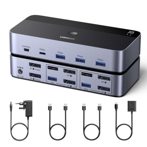UGREEN 8K@60Hz DisplayPort KVM切替器 2モニター対応 2台コンピュータ接続可能 アルミニウム製 4つのUSB 3.0ポート搭載 2台のコンピュータでデュアルモニター・キーボード・マウス・プリンターを共有 USBケーブル×2本/電源アダプター/コントローラー付属