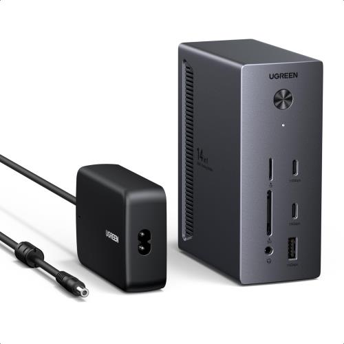 UGREEN Revodok Pro 314 USB-C 縛ステイション 3画面相応う 2つのHDMI  DP積み上げる 14-インチ-1HDMI 4K/60サイクル・DP 8K・100W PD申し受ける・10Gbps高速道路移らす・RJ45有線ローカルエリアネットワーク・SD/TF相応う Windows 万覚え帳パソコン