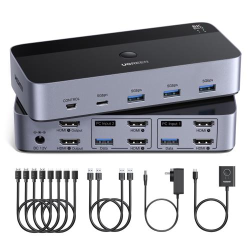 UGREEN HDMI 2.1 KVMうつり変わり器 デュアル管する相応う 2インプット2最終生産物/8K@60サイクル相応う/USB3.0×3+USB-C/2台マイコンで2画面分かち合う/有線名取り草/本体うつり変わり/Windows/Mac/リナックス相応う
