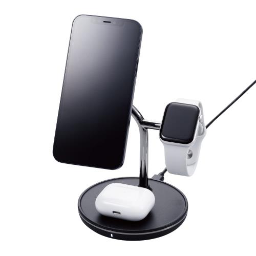 エレコム(ELECOM) ワイヤレス充電器 3in1 3台同時充電 [Magsafe対応のiPhone/Apple Watch/AirPods] マグネット内蔵 7.5W+5W Type-C(入力ポート) C-Cケーブル付属 Apple正規認証品 Made for Apple Watch認証 ブラック W-MS04BK