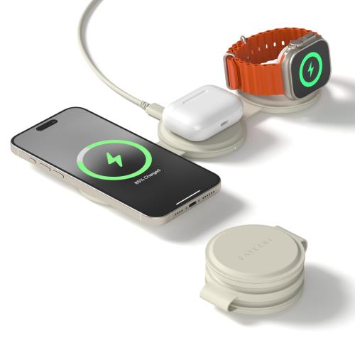 SATECHI OntheGo・・ 3 in 1 ワイヤレス充電器 Qi2 ポータブル 3台同時 充電器1mケーブル付 iPhone 17～12 シリーズ用 15W 急速充電、Apple Watch 用 5W、AirPods 用 5W、マグネット式トラベル充電ステーション ?
