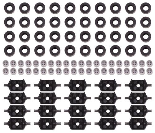 LEGO Parts and Pieces: 14x9粍 Black Tire, Light Gray Wheel, 2x2 Black Wheels Holder Pack - 100 Pieces
