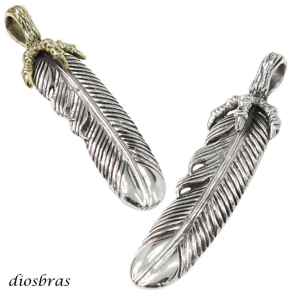 シルバー フェザー ネックレス トップ ツートン ハンドメイド ノー