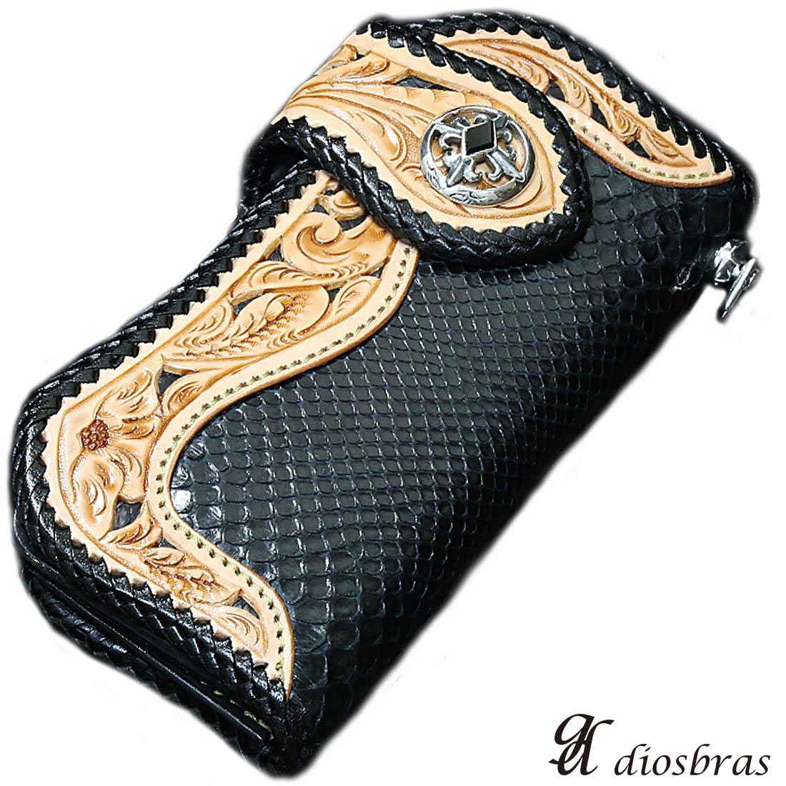 ロングウォレット コブラ頭 マルチカラー レザー カービング 長財布 本革 インディアンスカル レザーカービング 長財布/ロングウォレット