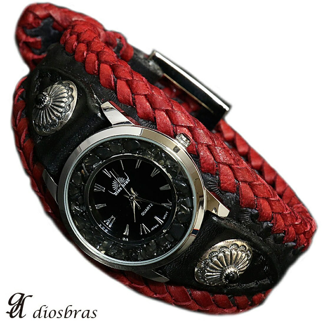 Diosbras ディオブラス 本革ブラック 黒サドルレザー レッドステッチ 赤 バイカーズウォッチ 牛革時計 Mサイズ コンチョ メンズ ベルト シルバー ヌメ革 レザーウォッチ Sa Sgcc Bm