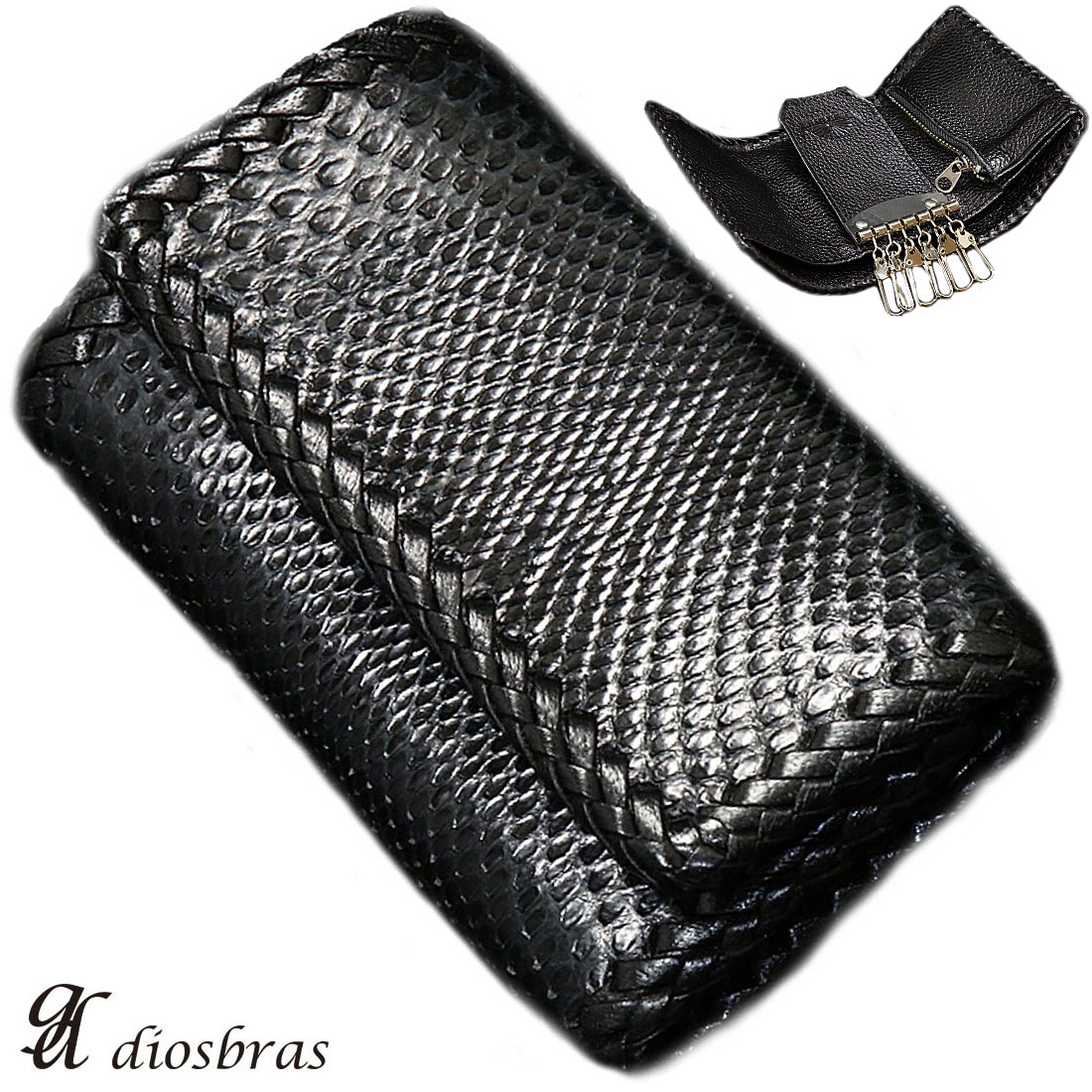 diosbras-ディオブラス- ブラック 黒蛇 パイソン革 本革 キーケース ＆ 財布 ショートウォレット 牛革 wallet 短財布 レザーウォレット ウォレット バイカー ハーフウォレット 折財布 財布 シンプル 紳士 メンズ レディース ダイヤモンドパイソン ヘビ革
